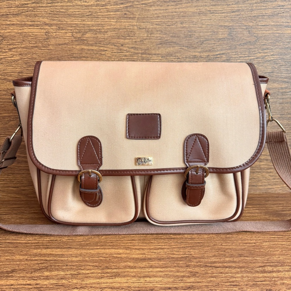 Vintage John Weitz Tan Canvas Messenger Bag Satchel Work Office Academia Preppy‎